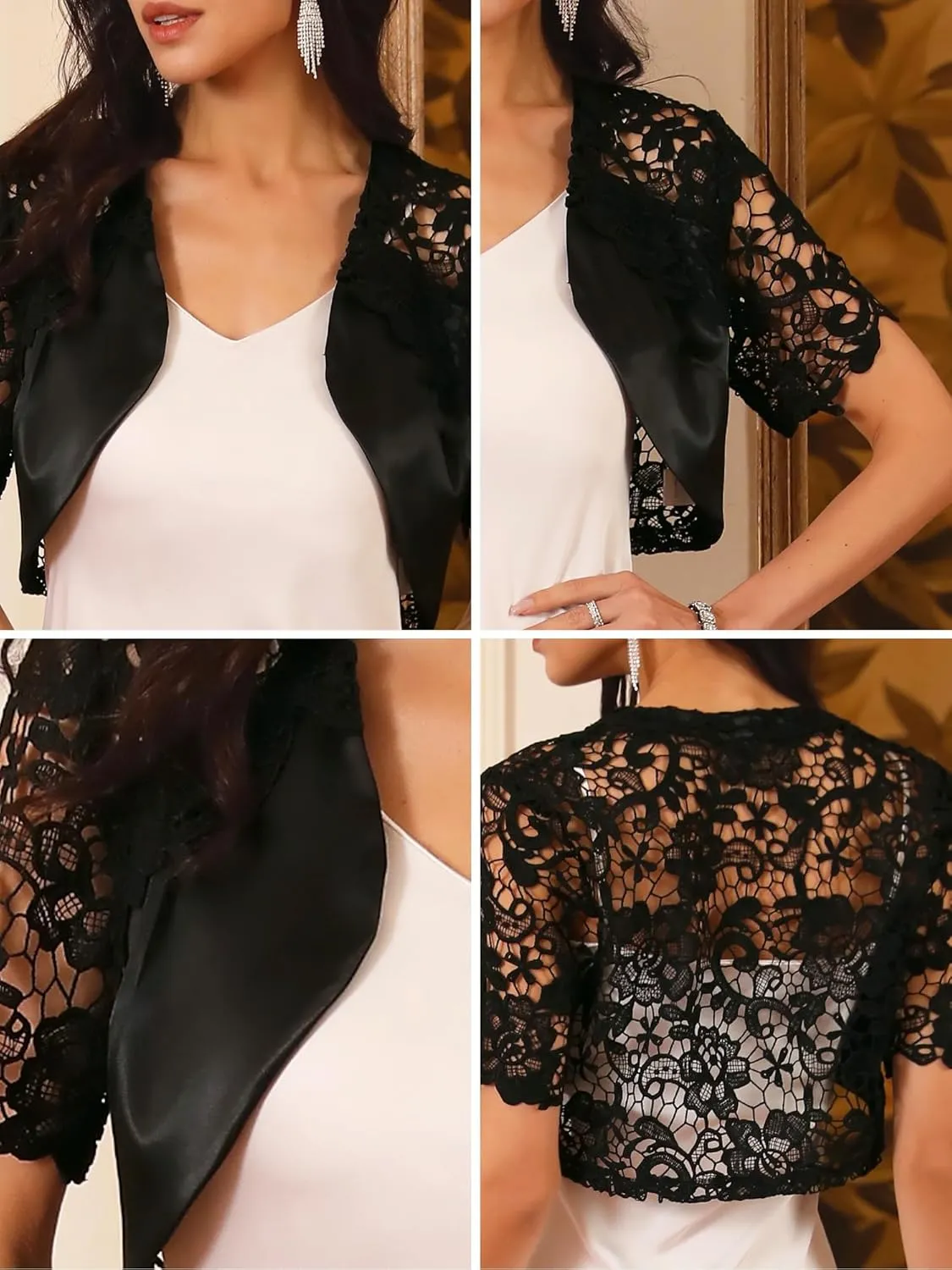 Women's Satin Shrug Short Sleeves Cocktail Elegant Cropped Lace Cardigan