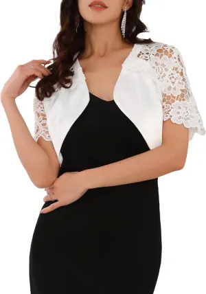 Women's Satin Shrug Short Sleeves Cocktail Elegant Cropped Lace Cardigan