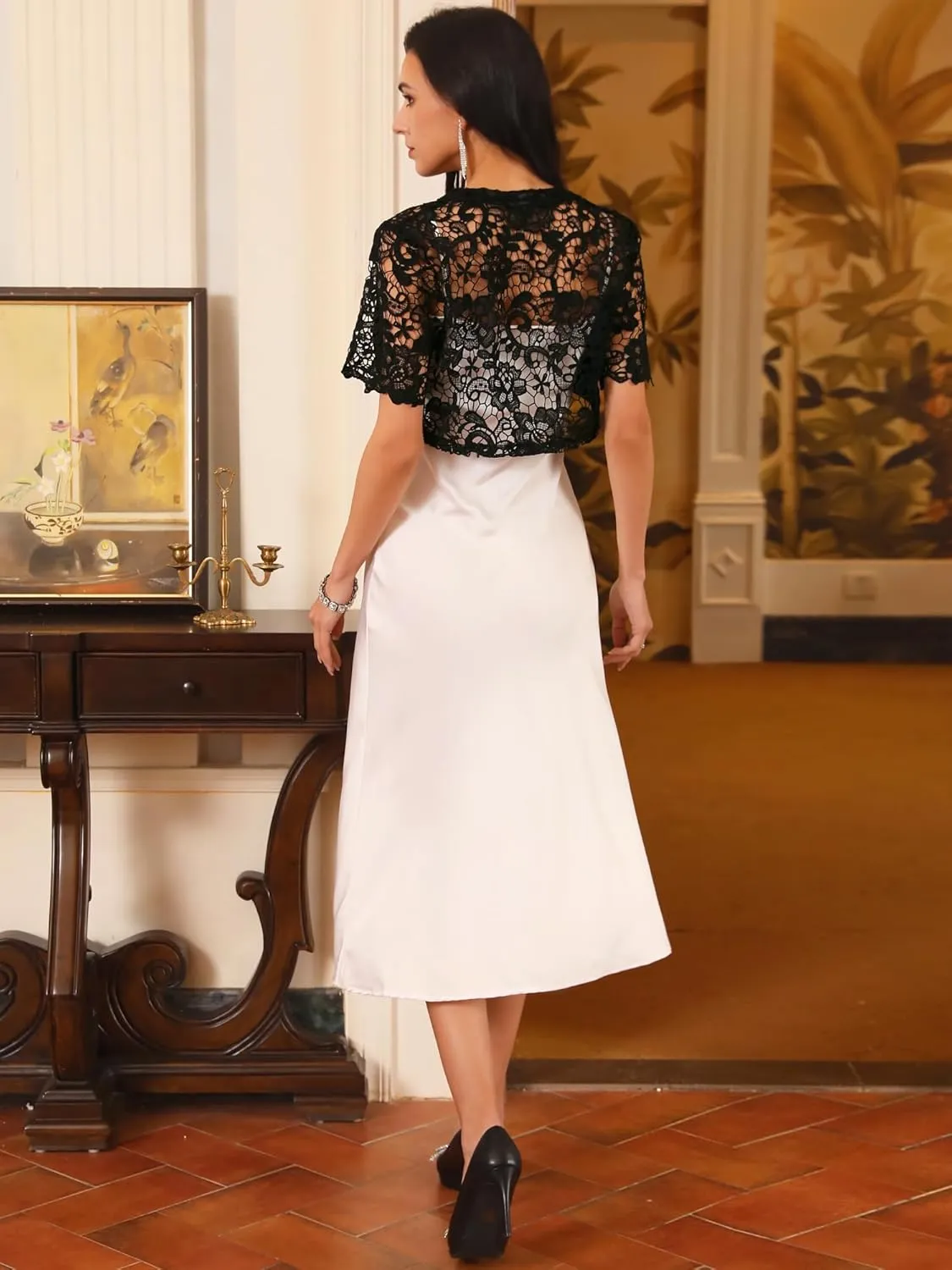Women's Satin Shrug Short Sleeves Cocktail Elegant Cropped Lace Cardigan