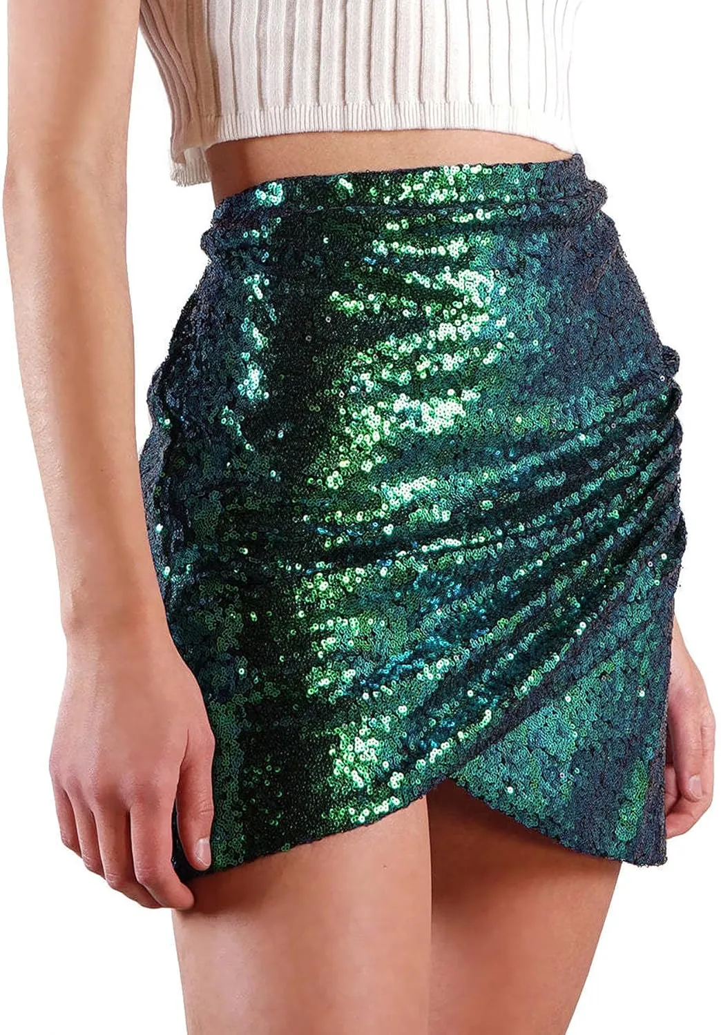 Womens Sequin Skirt Tulip Hem Ruched Wrap Short Skirt Bodycon Sparkle Mini Pencil Skirts