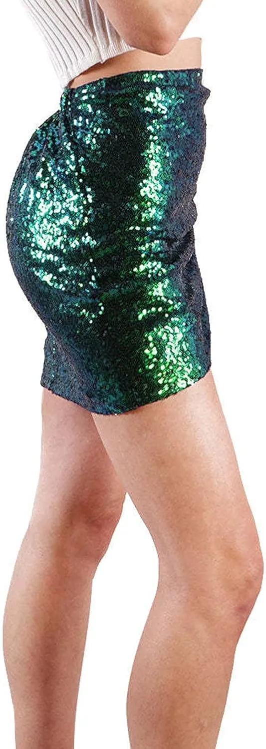 Womens Sequin Skirt Tulip Hem Ruched Wrap Short Skirt Bodycon Sparkle Mini Pencil Skirts