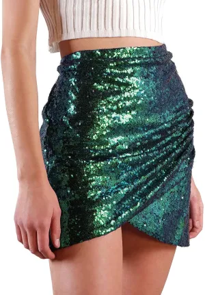 Womens Sequin Skirt Tulip Hem Ruched Wrap Short Skirt Bodycon Sparkle Mini Pencil Skirts