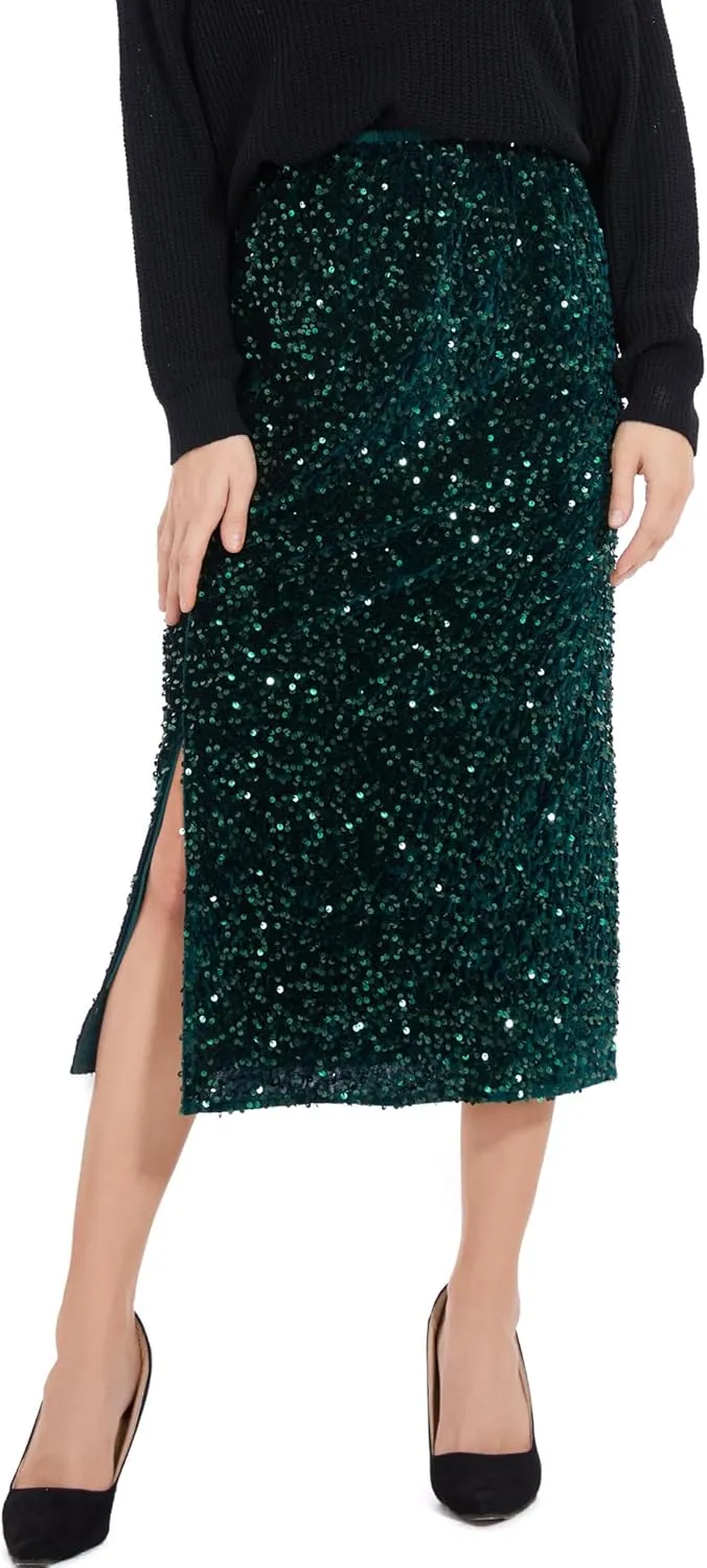 Womens Sequin Velvet Skirt Elastic High Waist Sparkle Split Hem Night Out Party Maxi Skirt