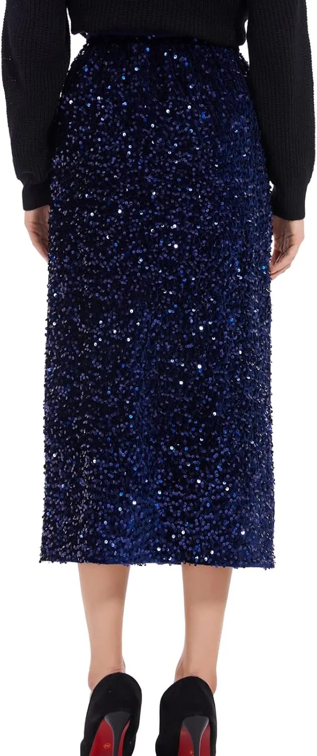 Womens Sequin Velvet Skirt Elastic High Waist Sparkle Split Hem Night Out Party Maxi Skirt