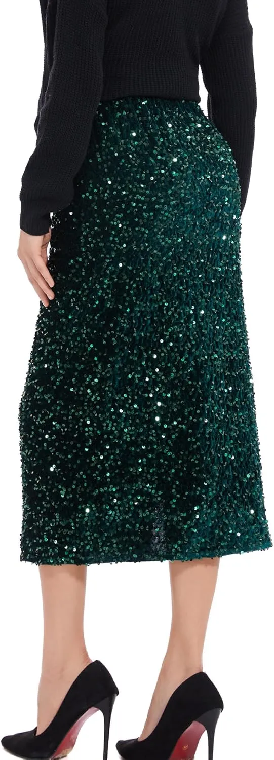 Womens Sequin Velvet Skirt Elastic High Waist Sparkle Split Hem Night Out Party Maxi Skirt