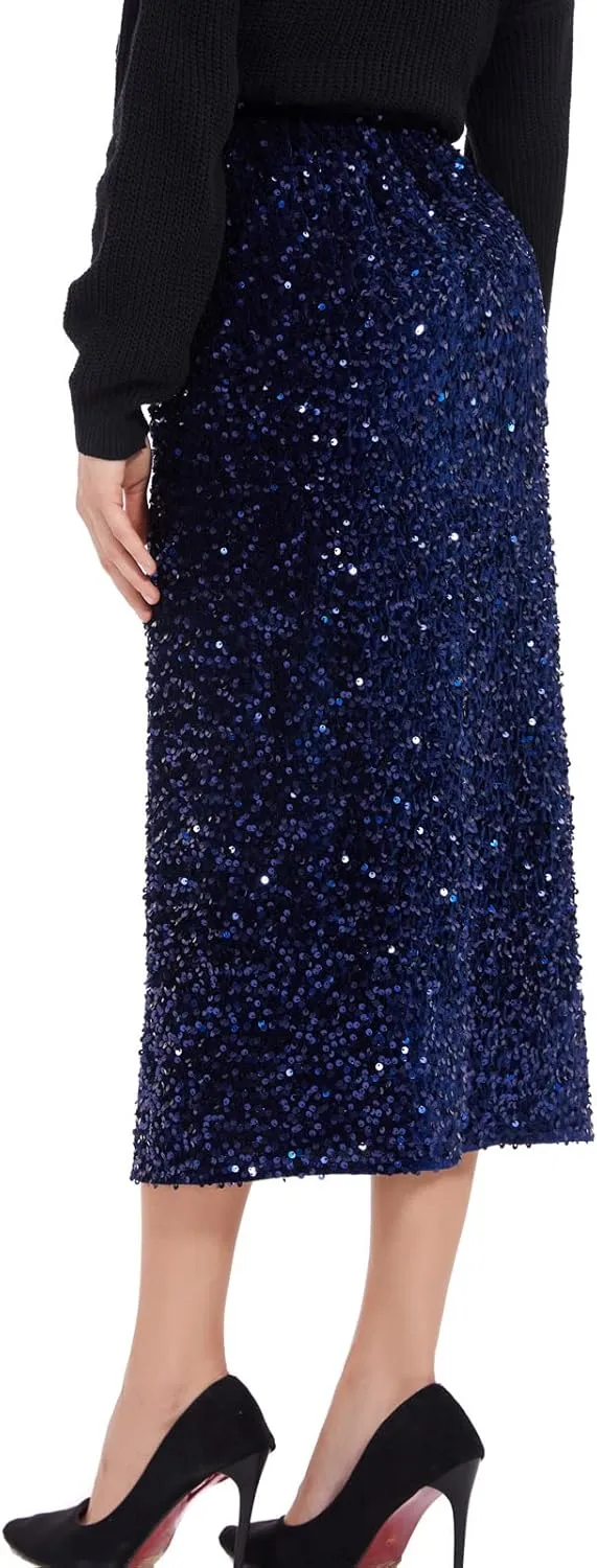 Womens Sequin Velvet Skirt Elastic High Waist Sparkle Split Hem Night Out Party Maxi Skirt