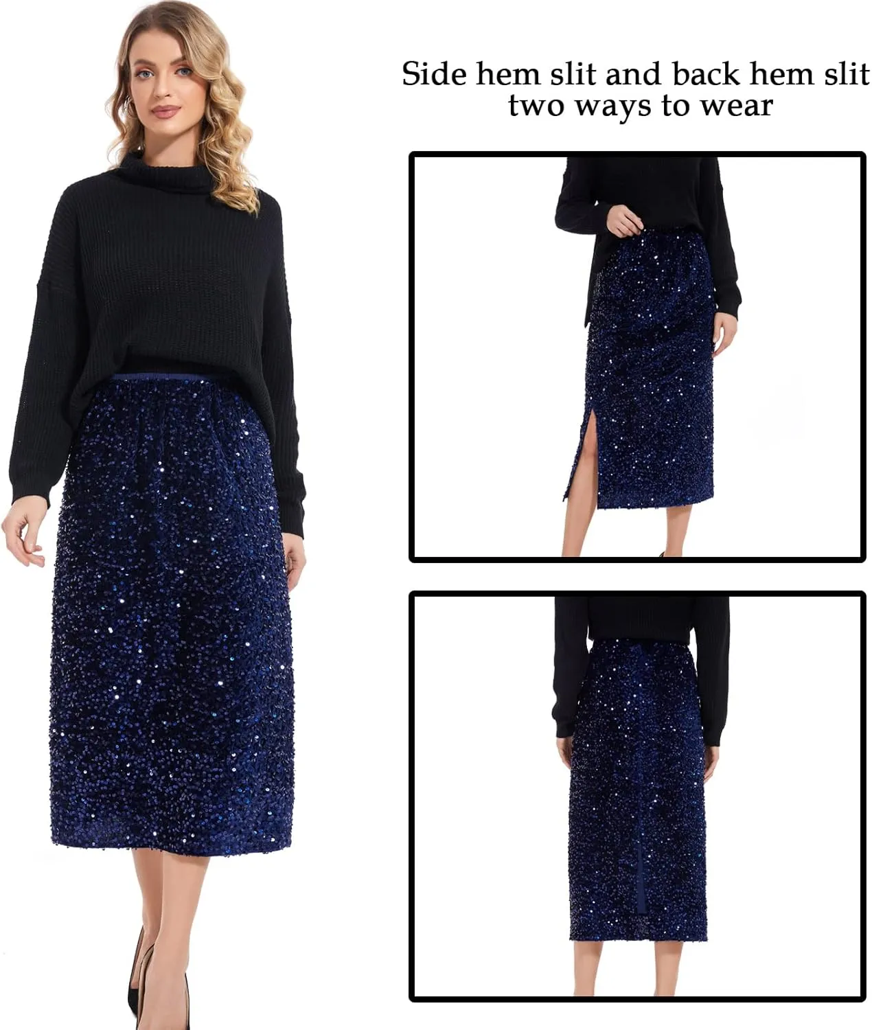 Womens Sequin Velvet Skirt Elastic High Waist Sparkle Split Hem Night Out Party Maxi Skirt