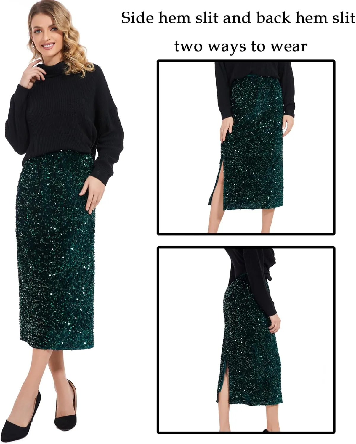 Womens Sequin Velvet Skirt Elastic High Waist Sparkle Split Hem Night Out Party Maxi Skirt
