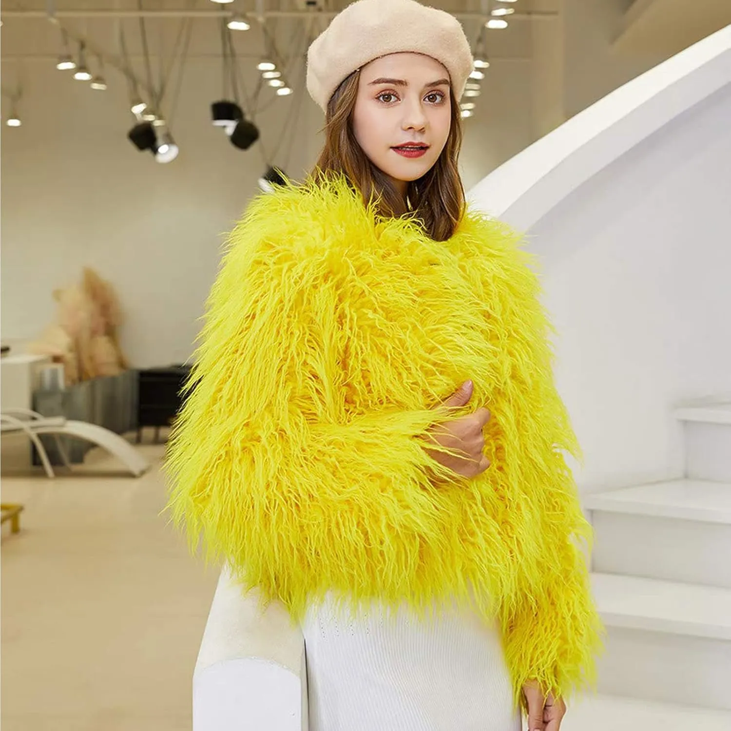 Women's Shaggy Faux Fur Outwear Coat Jacket Long Sleeve Warm Winter
