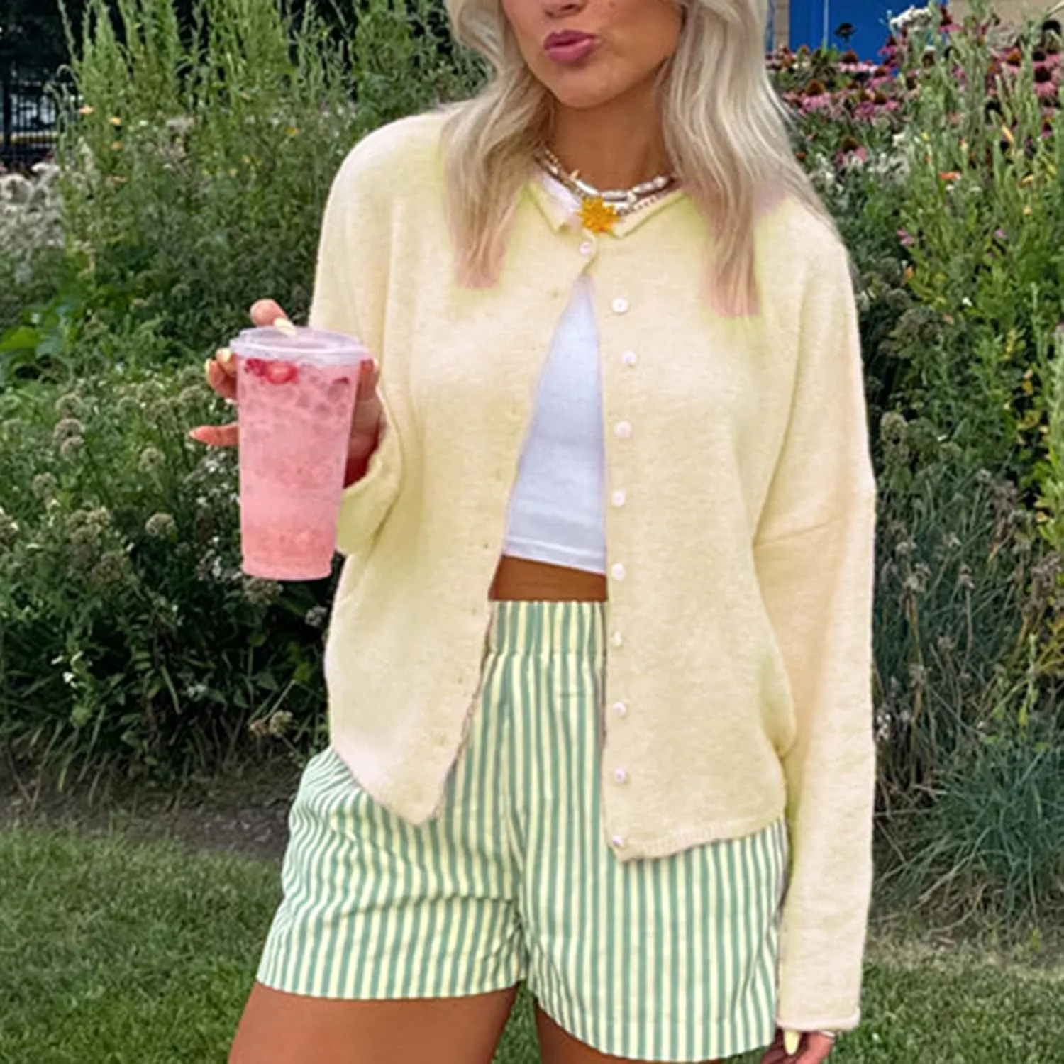 Women's Solid Color Fuzzy Knit Cardigan Long Sleeve Round Neck Sweaters Front Button Closure Rolled Hem Kniwear