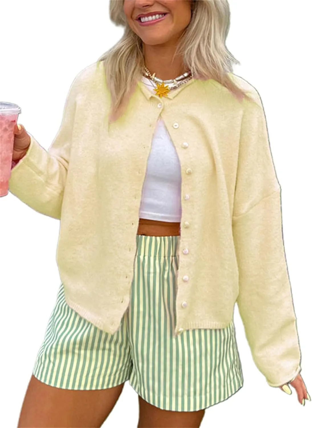 Women's Solid Color Fuzzy Knit Cardigan Long Sleeve Round Neck Sweaters Front Button Closure Rolled Hem Kniwear