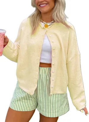Women's Solid Color Fuzzy Knit Cardigan Long Sleeve Round Neck Sweaters Front Button Closure Rolled Hem Kniwear
