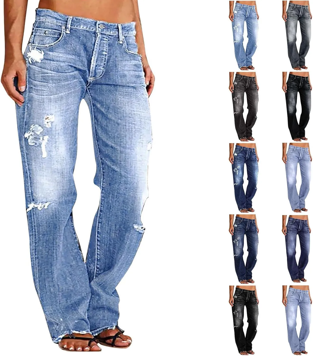 Womens Straight Leg Jeans Button Down Low Rise Ripped Jeans Plus Size Boyfriend Distressed Denim Pants with Pockets