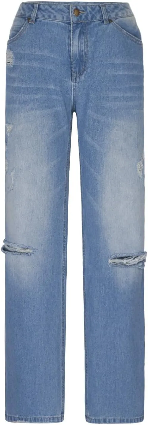 Womens Straight Leg Jeans Button Down Low Rise Ripped Jeans Plus Size Boyfriend Distressed Denim Pants with Pockets