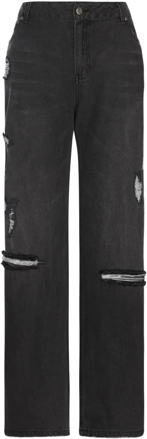 Womens Straight Leg Jeans Button Down Low Rise Ripped Jeans Plus Size Boyfriend Distressed Denim Pants with Pockets