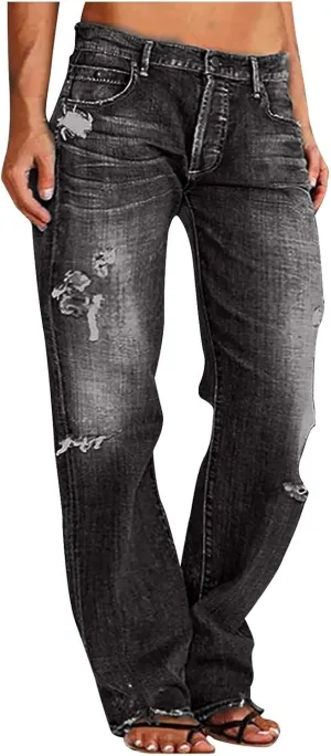 Womens Straight Leg Jeans Button Down Low Rise Ripped Jeans Plus Size Boyfriend Distressed Denim Pants with Pockets