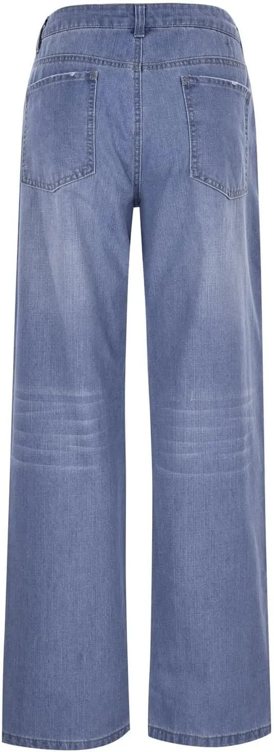 Womens Straight Leg Jeans Button Down Low Rise Ripped Jeans Plus Size Boyfriend Distressed Denim Pants with Pockets