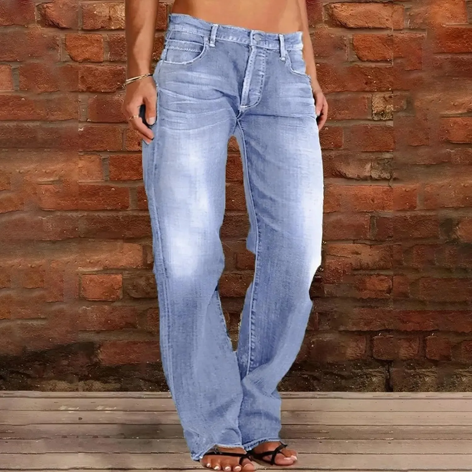 Womens Straight Leg Jeans Button Down Low Rise Ripped Jeans Plus Size Boyfriend Distressed Denim Pants with Pockets