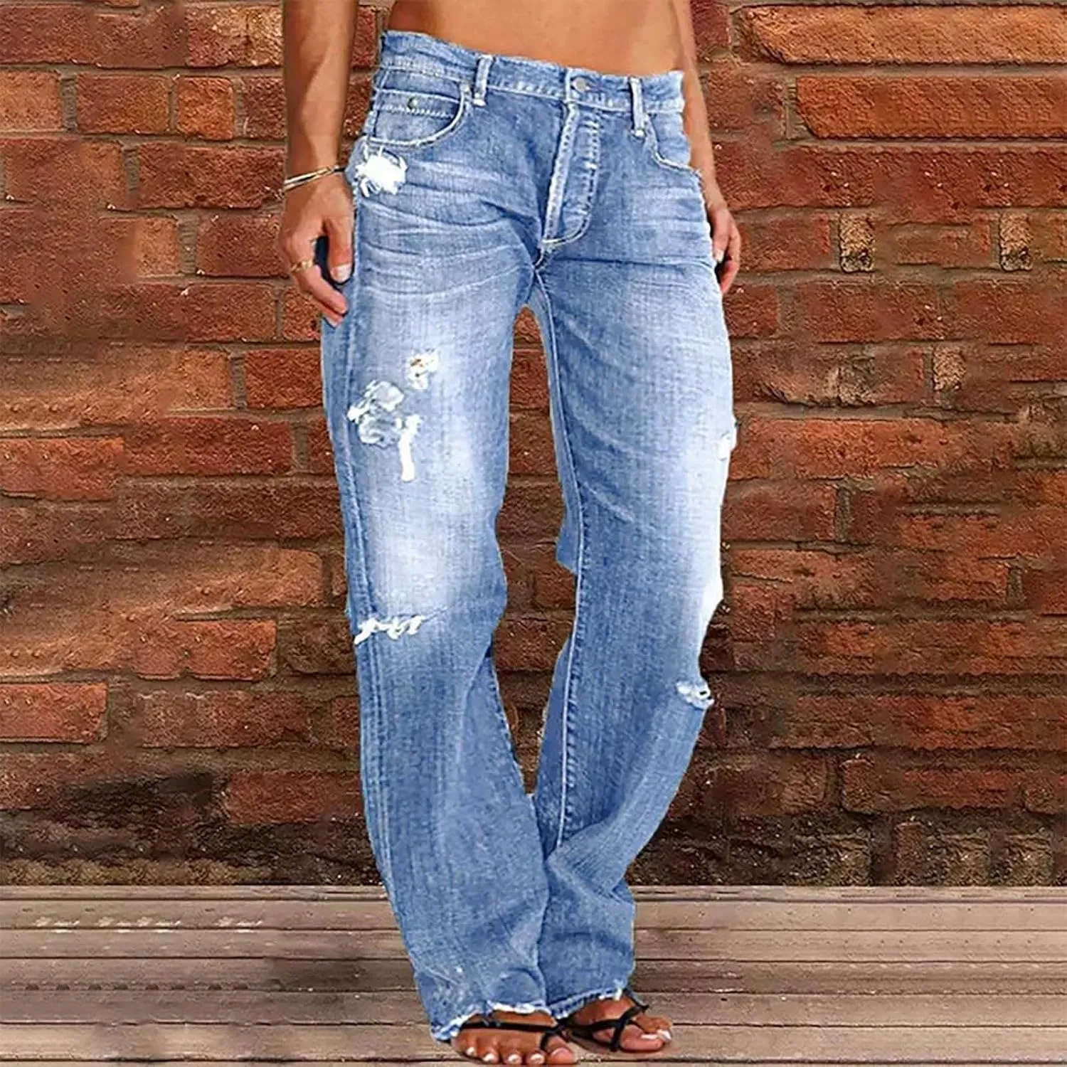 Womens Straight Leg Jeans Button Down Low Rise Ripped Jeans Plus Size Boyfriend Distressed Denim Pants with Pockets