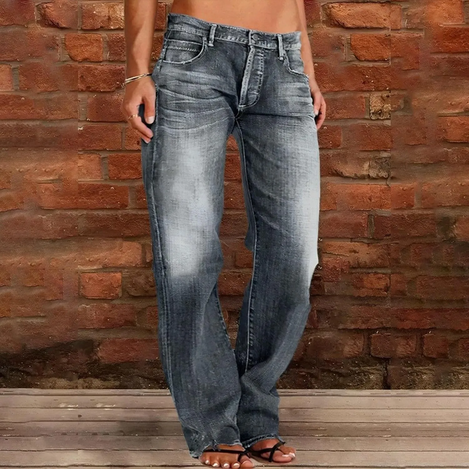 Womens Straight Leg Jeans Button Down Low Rise Ripped Jeans Plus Size Boyfriend Distressed Denim Pants with Pockets