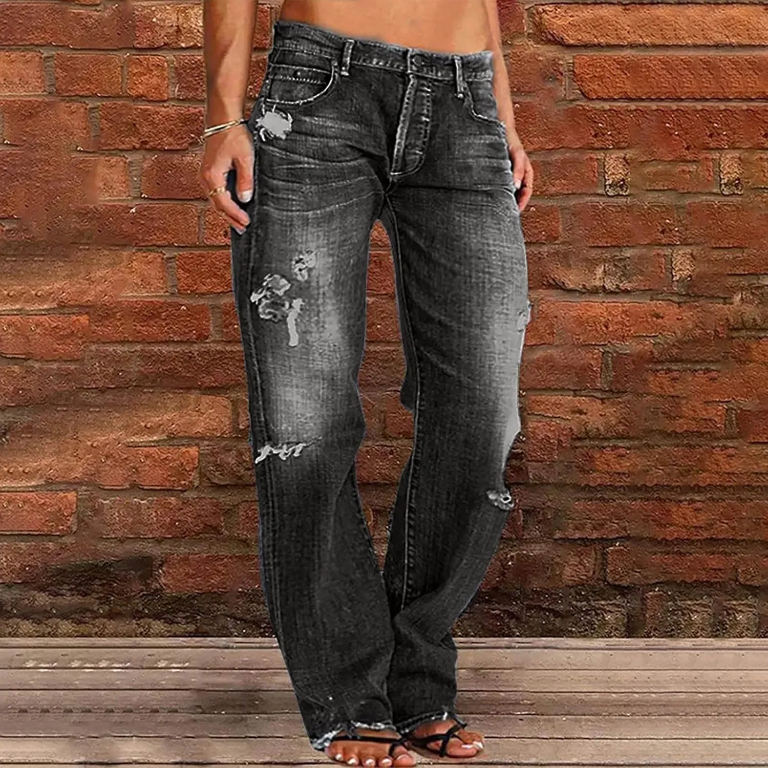 Womens Straight Leg Jeans Button Down Low Rise Ripped Jeans Plus Size Boyfriend Distressed Denim Pants with Pockets
