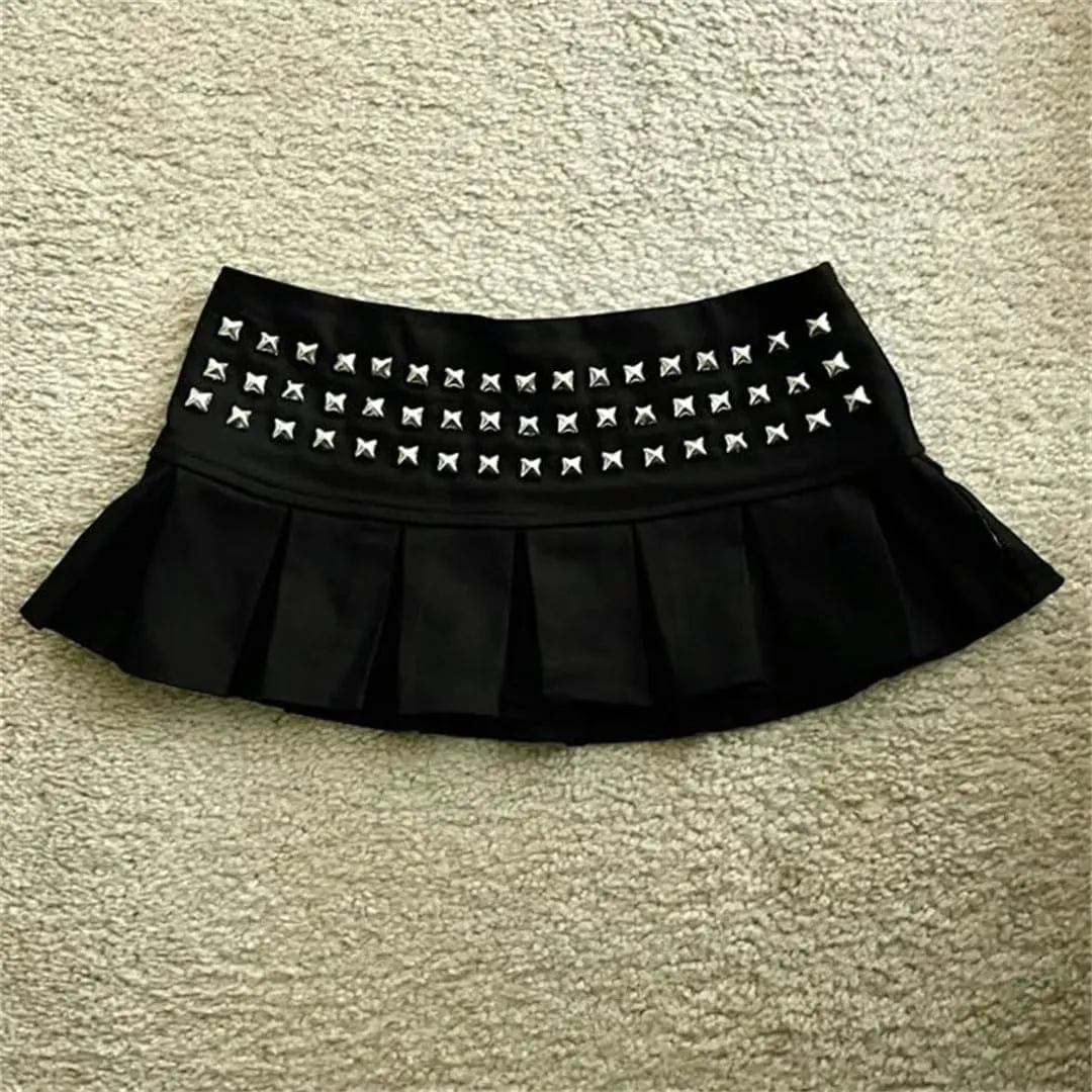 Womens Studded Mini Skirt Sexy Ultra Short Rivet Pleated Skirt