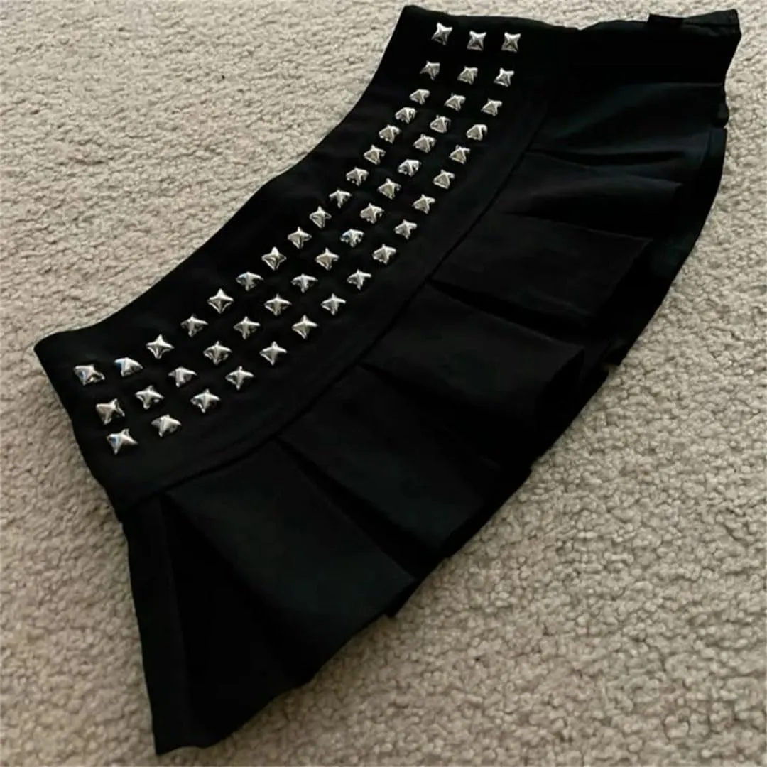 Womens Studded Mini Skirt Sexy Ultra Short Rivet Pleated Skirt