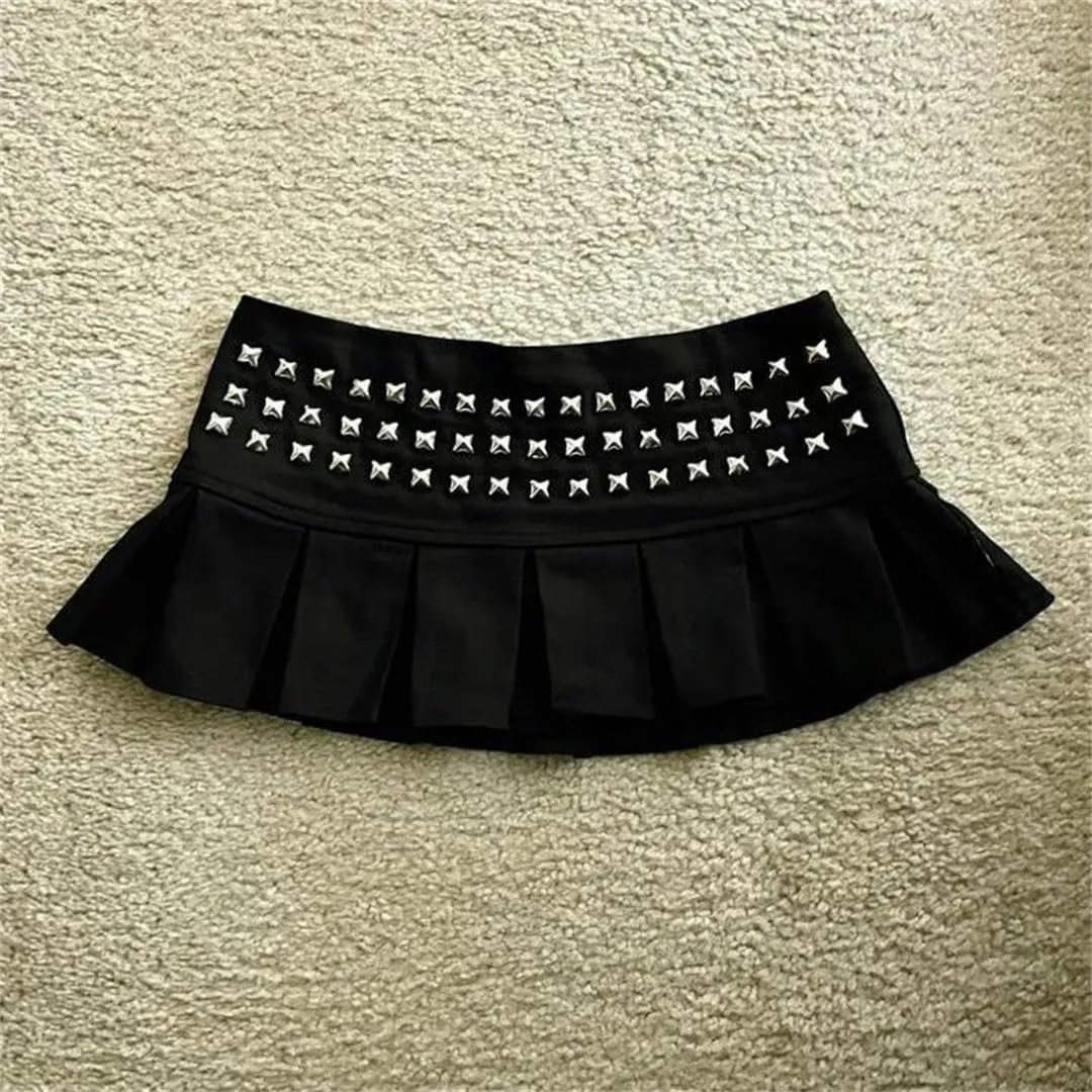 Womens Studded Mini Skirt Sexy Ultra Short Rivet Pleated Skirt