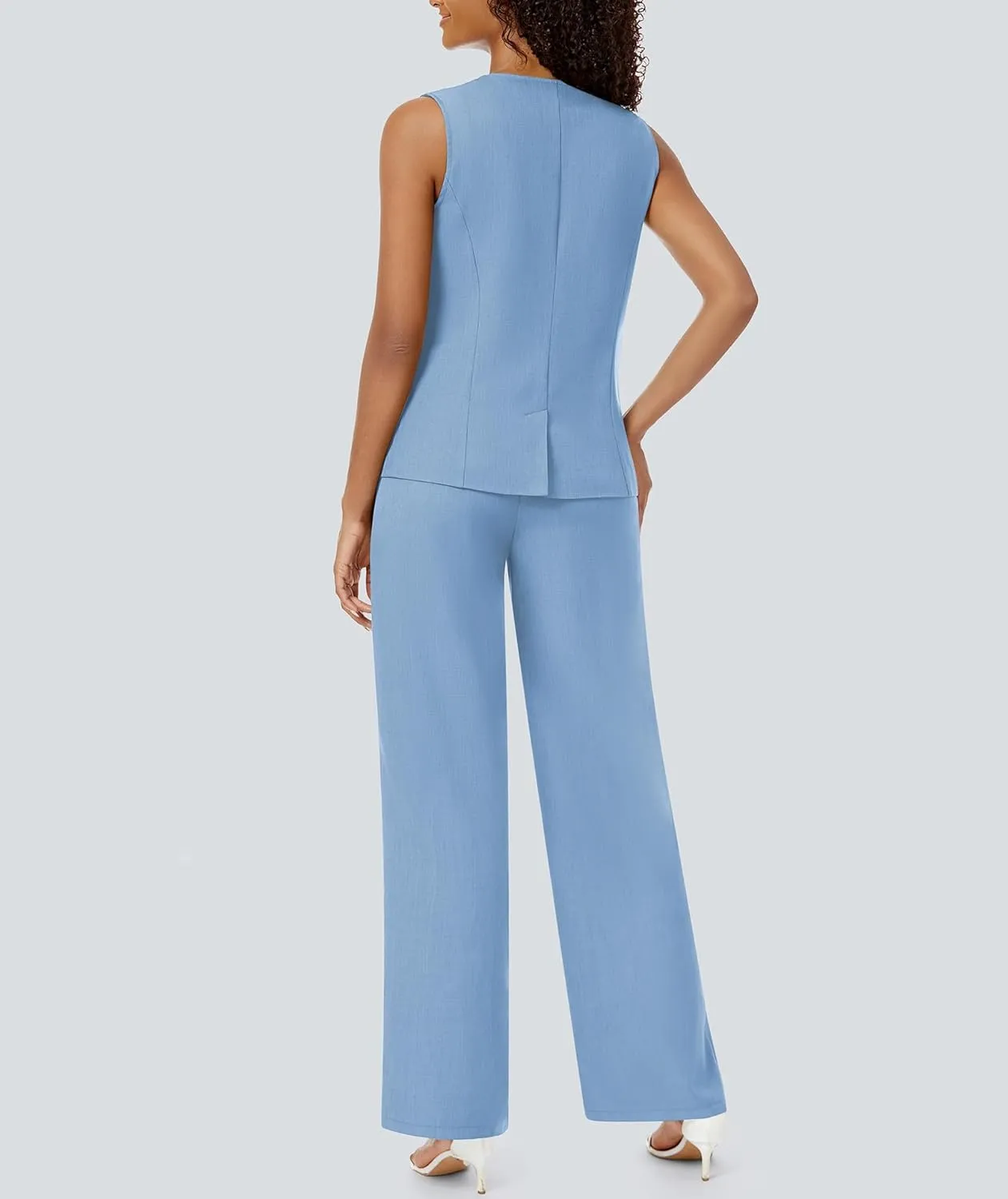Women's Summer 2 Piece Blazer Outfits Sleeveless Crewneck Vest Wide Leg Pantsuit 2025 Dressy Casual Work Sets