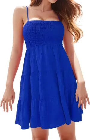 Womens Summer Floral Mini Dress Boho Flowy Skater Dresses Short Sleeveless Ruffle Spaghetti Strap Dress
