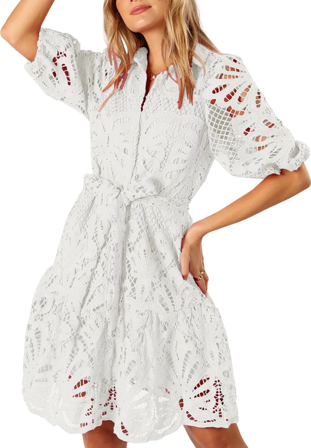 Women's Summer Hollow Out Lace Mini Dress Lantern Sleeve Lapel Button Ruffle Casual Beach Party Dresses