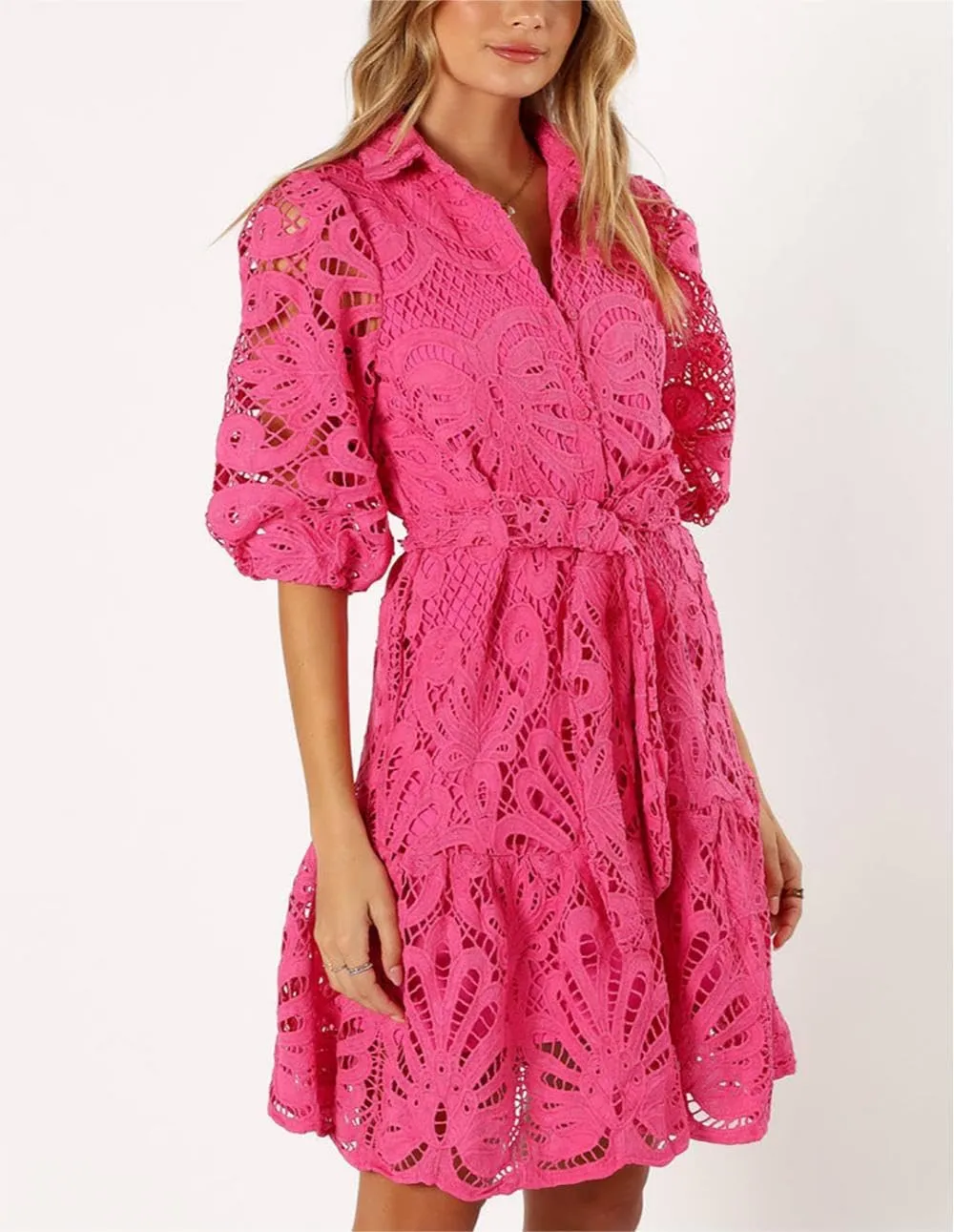 Women's Summer Hollow Out Lace Mini Dress Lantern Sleeve Lapel Button Ruffle Casual Beach Party Dresses