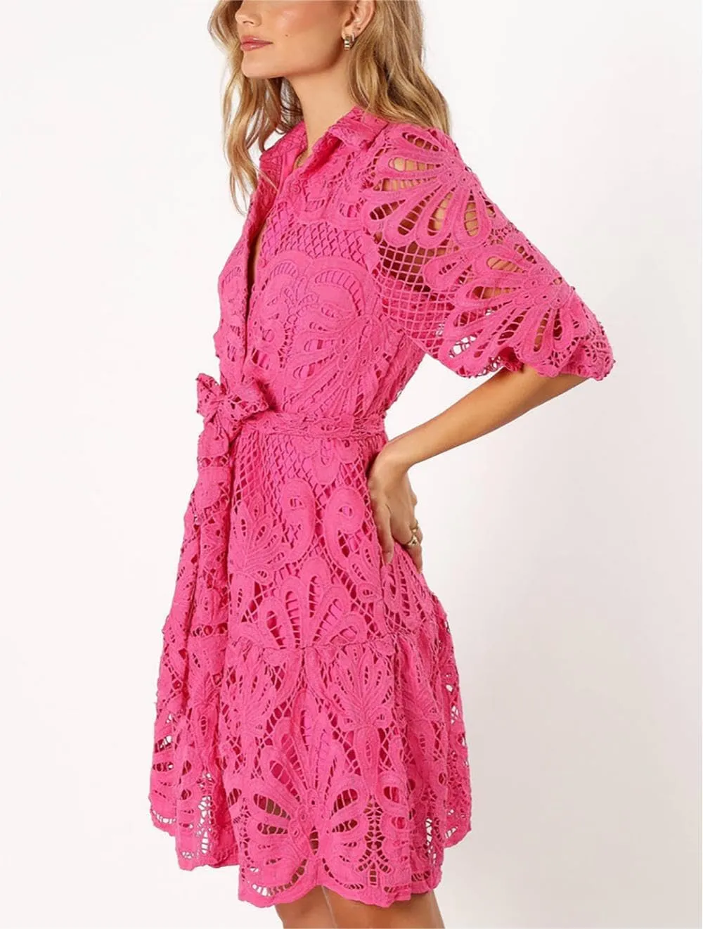 Women's Summer Hollow Out Lace Mini Dress Lantern Sleeve Lapel Button Ruffle Casual Beach Party Dresses