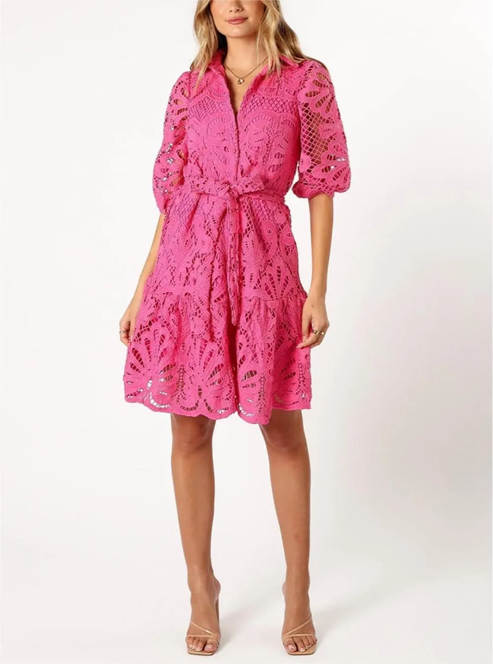 Women's Summer Hollow Out Lace Mini Dress Lantern Sleeve Lapel Button Ruffle Casual Beach Party Dresses