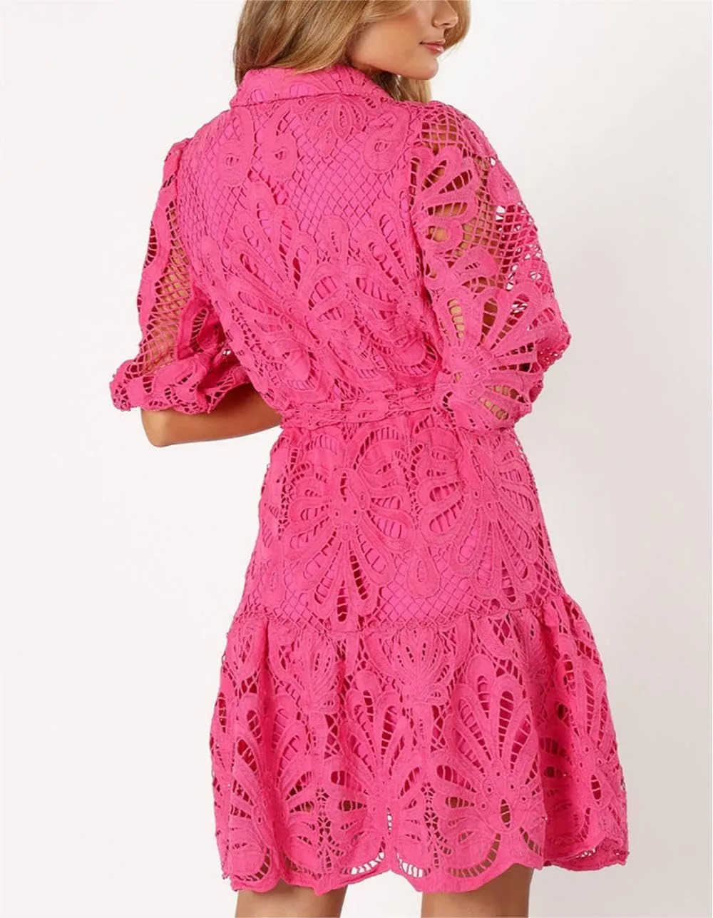 Women's Summer Hollow Out Lace Mini Dress Lantern Sleeve Lapel Button Ruffle Casual Beach Party Dresses