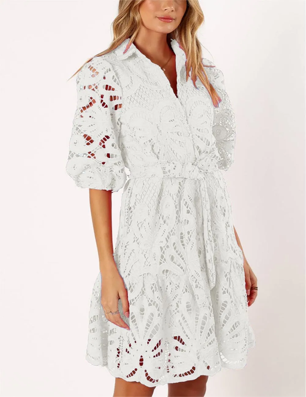 Women's Summer Hollow Out Lace Mini Dress Lantern Sleeve Lapel Button Ruffle Casual Beach Party Dresses