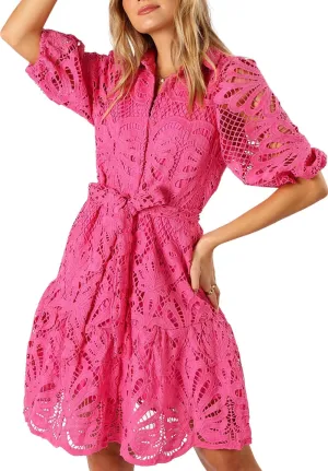 Women's Summer Hollow Out Lace Mini Dress Lantern Sleeve Lapel Button Ruffle Casual Beach Party Dresses