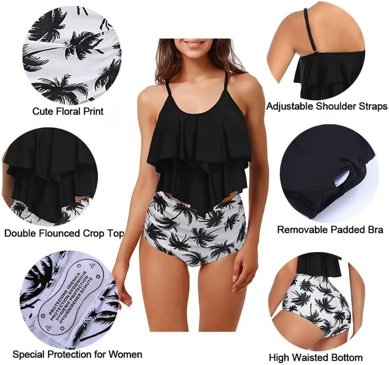 Womens Tankini Swimsuits Ruffled Tank Top Tummy Control Floral Modest Swimwear High Waisted Bikini Two Piece Bathing Suits