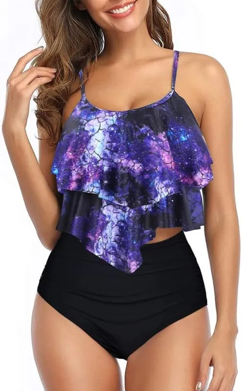 Womens Tankini Swimsuits Ruffled Tank Top Tummy Control Floral Modest Swimwear High Waisted Bikini Two Piece Bathing Suits