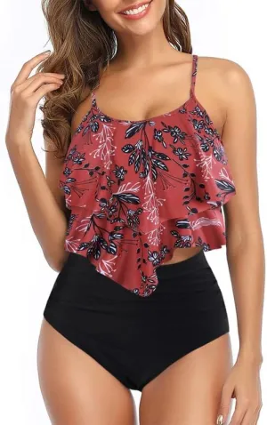 Womens Tankini Swimsuits Ruffled Tank Top Tummy Control Floral Modest Swimwear High Waisted Bikini Two Piece Bathing Suits