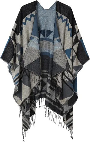 Women's Warm Shawls Wraps Open Front Cardigan Vintage Pattern Poncho Cape Sweater Coat