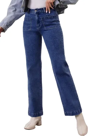 Womens Wide Leg Jeans High Waisted Stretchy Straight Leg Jeans Trendy Loose Denim Pants with Pockets