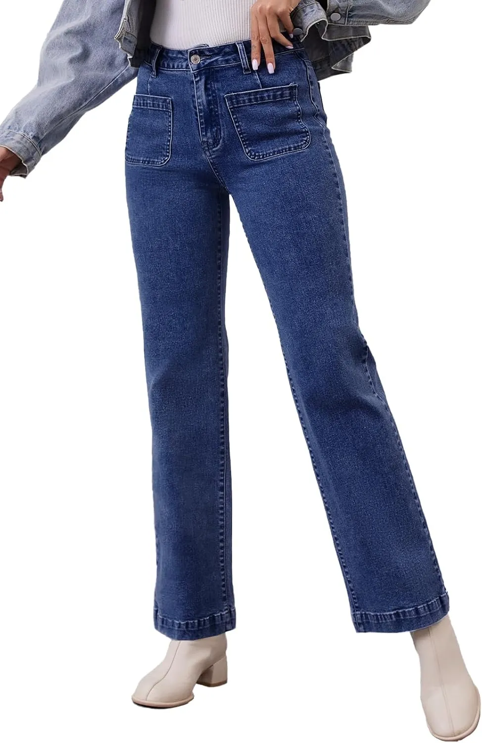 Womens Wide Leg Jeans High Waisted Stretchy Straight Leg Jeans Trendy Loose Denim Pants with Pockets