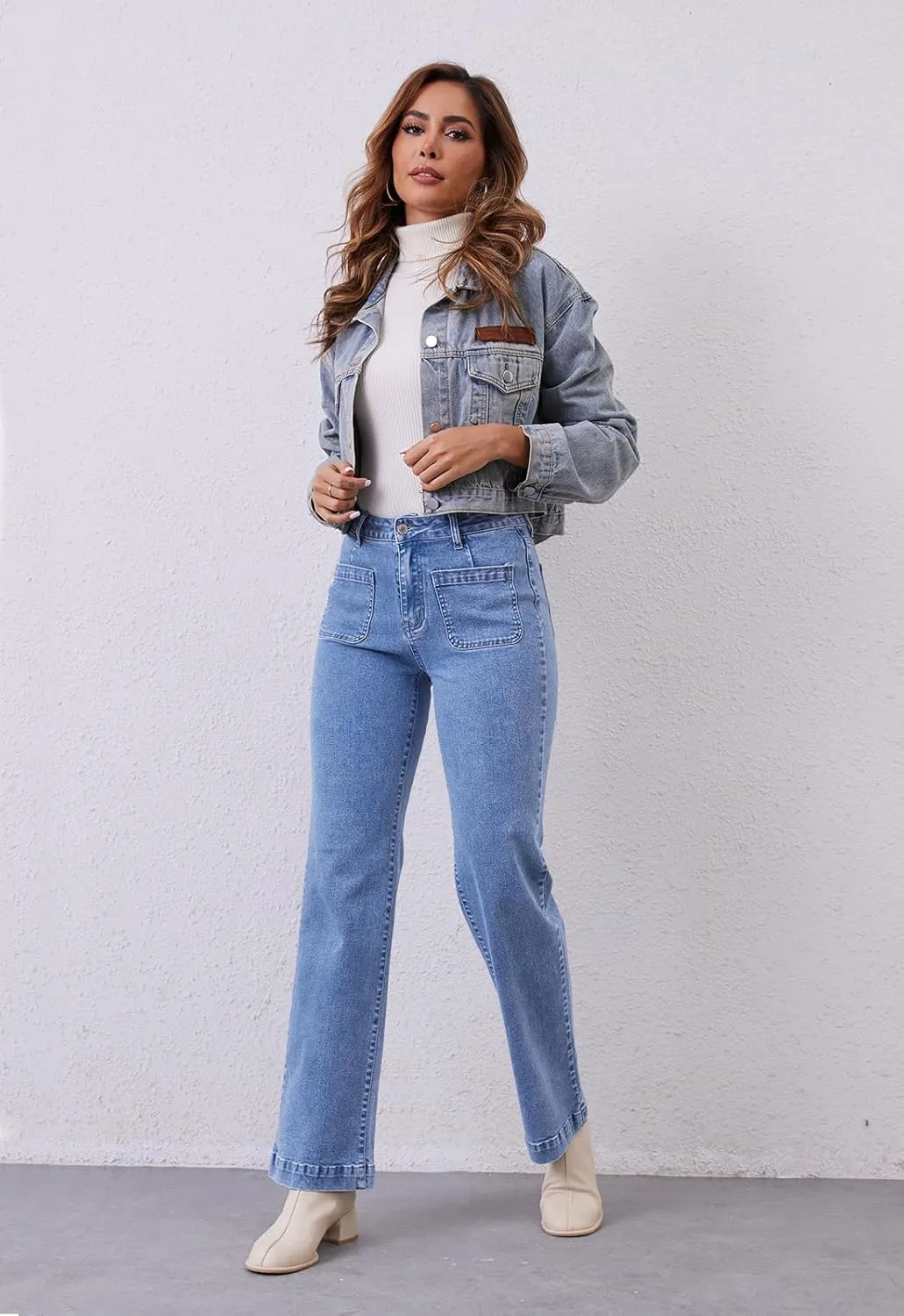 Womens Wide Leg Jeans High Waisted Stretchy Straight Leg Jeans Trendy Loose Denim Pants with Pockets