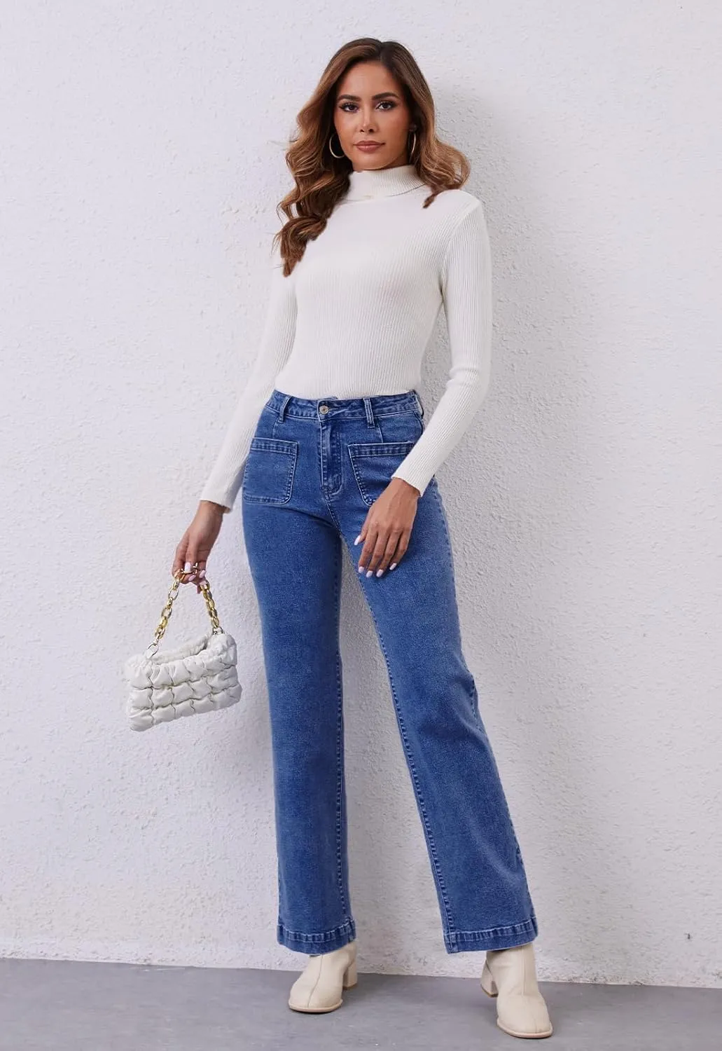 Womens Wide Leg Jeans High Waisted Stretchy Straight Leg Jeans Trendy Loose Denim Pants with Pockets