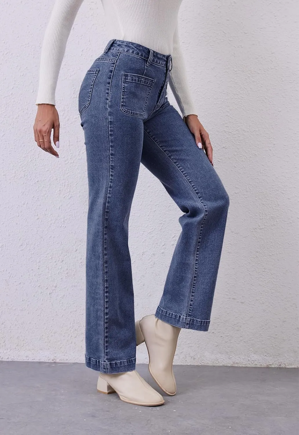Womens Wide Leg Jeans High Waisted Stretchy Straight Leg Jeans Trendy Loose Denim Pants with Pockets