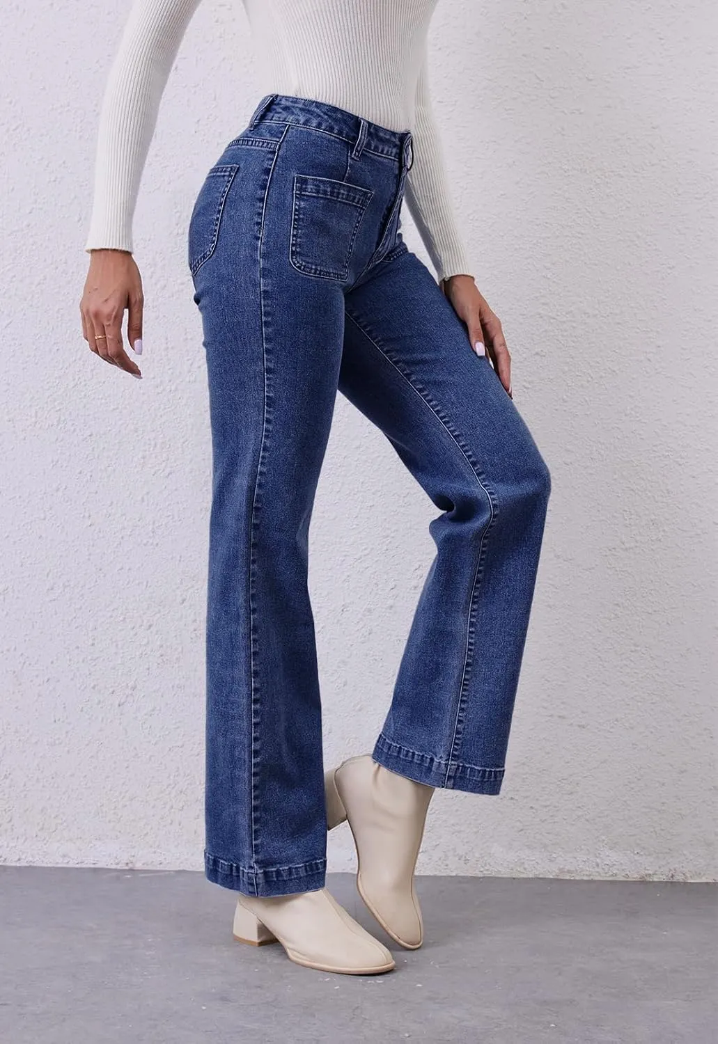 Womens Wide Leg Jeans High Waisted Stretchy Straight Leg Jeans Trendy Loose Denim Pants with Pockets