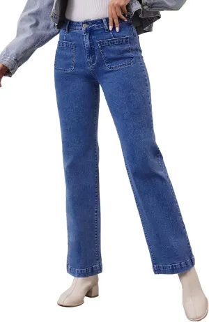Womens Wide Leg Jeans High Waisted Stretchy Straight Leg Jeans Trendy Loose Denim Pants with Pockets