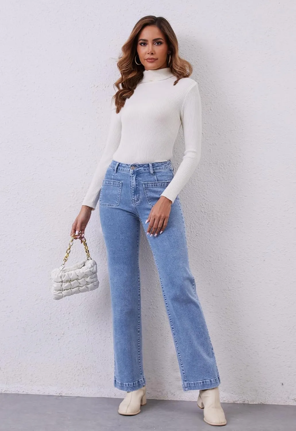 Womens Wide Leg Jeans High Waisted Stretchy Straight Leg Jeans Trendy Loose Denim Pants with Pockets