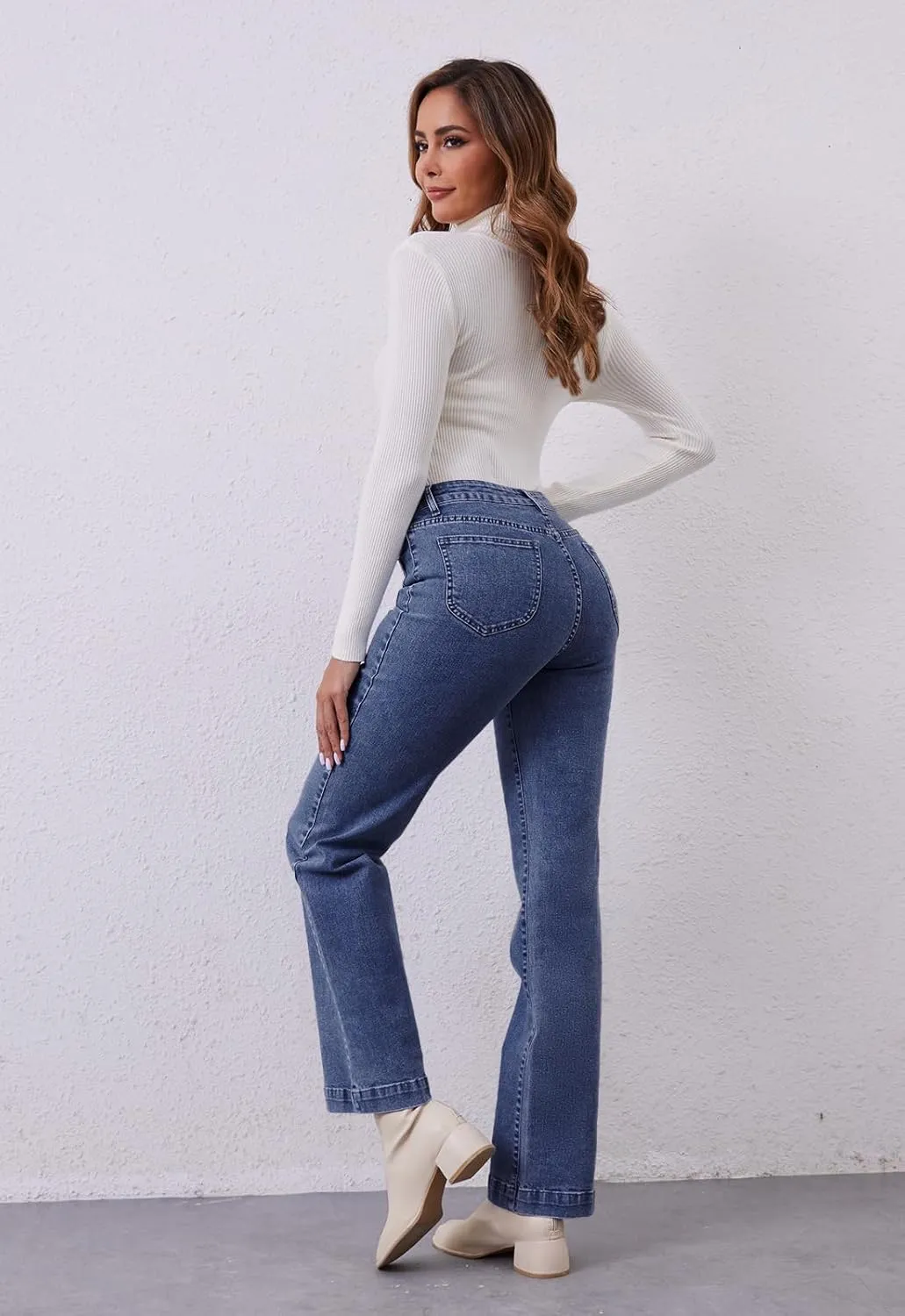 Womens Wide Leg Jeans High Waisted Stretchy Straight Leg Jeans Trendy Loose Denim Pants with Pockets